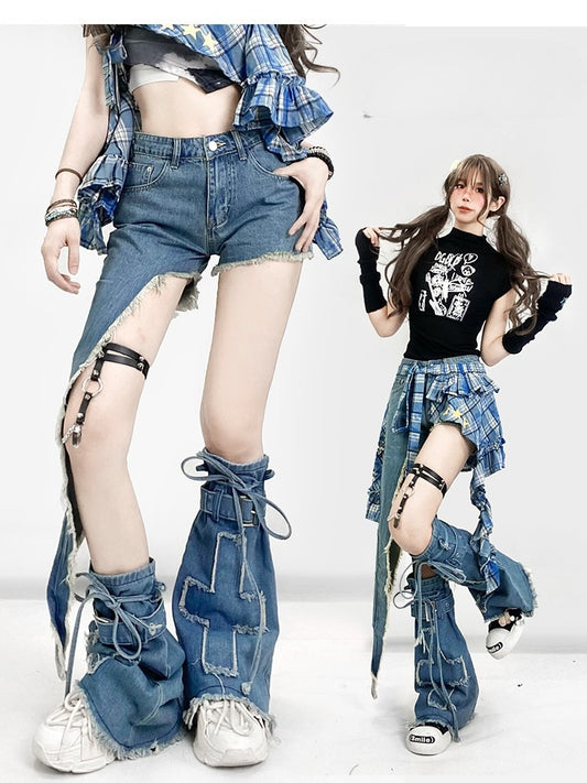 Y2K Asymmetrical Shorts Hem Blue Denim