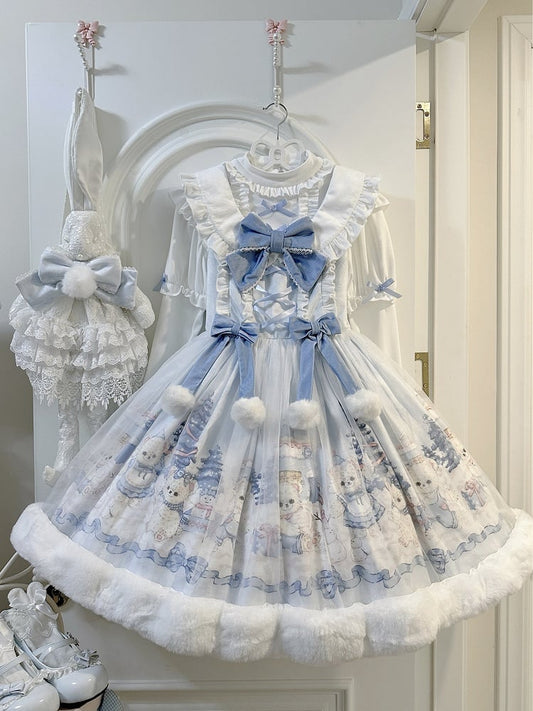 Blue Sweet Snowman Winter and Jsk Lolita Dress Bear Print