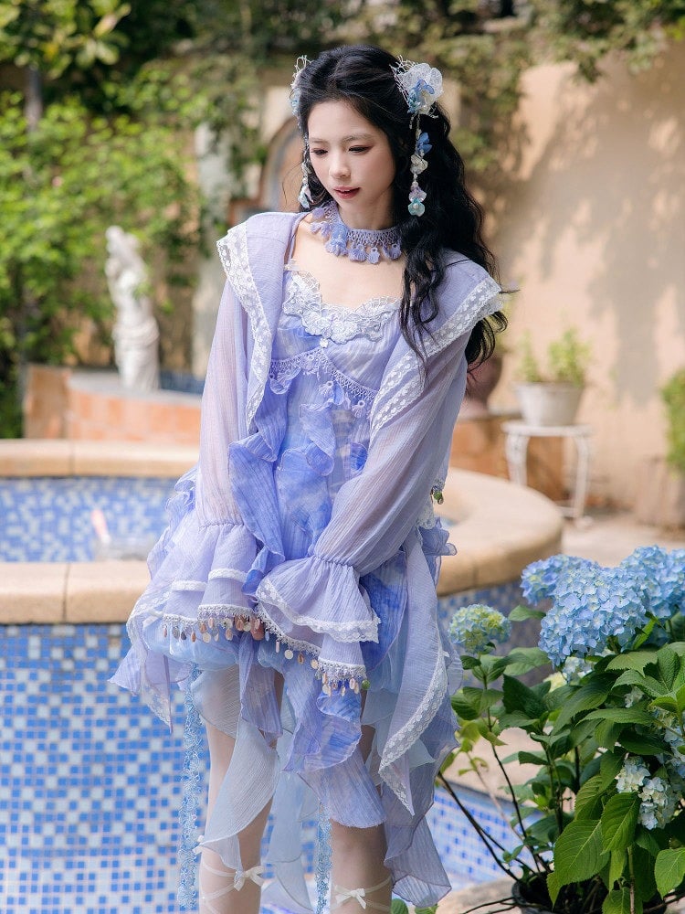 Lavender Flare Jacket with Lace and Pendant Detail - Zao Jing Ji