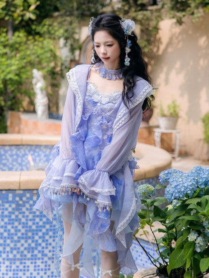 Lavender Flare Jacket with Lace and Pendant Detail - Zao Jing Ji