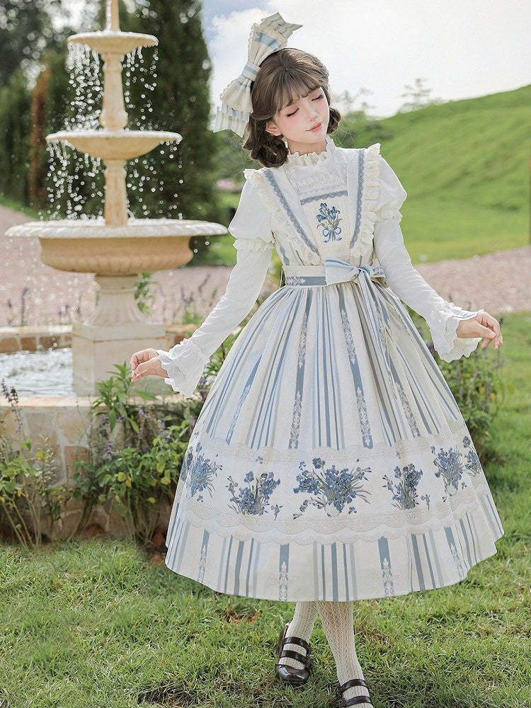 Long Blue & White Striped Floral Embroidered JSK Set with Knit Top, Belt & KC - With PUJI