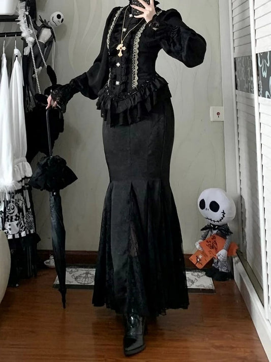 Sleeves Blouse + Ruffled Skirt Lolita Classic Details with Golden Lace Black Mermaid Long Set Elegant