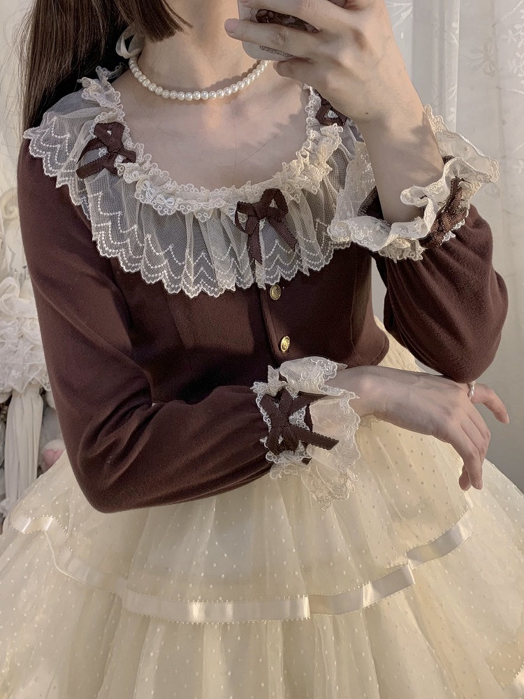 mit Ärmelakzenten, zarter Spitzen-Cardigan und kaffeefarbener Schleife, gemütlicher langer Besatz