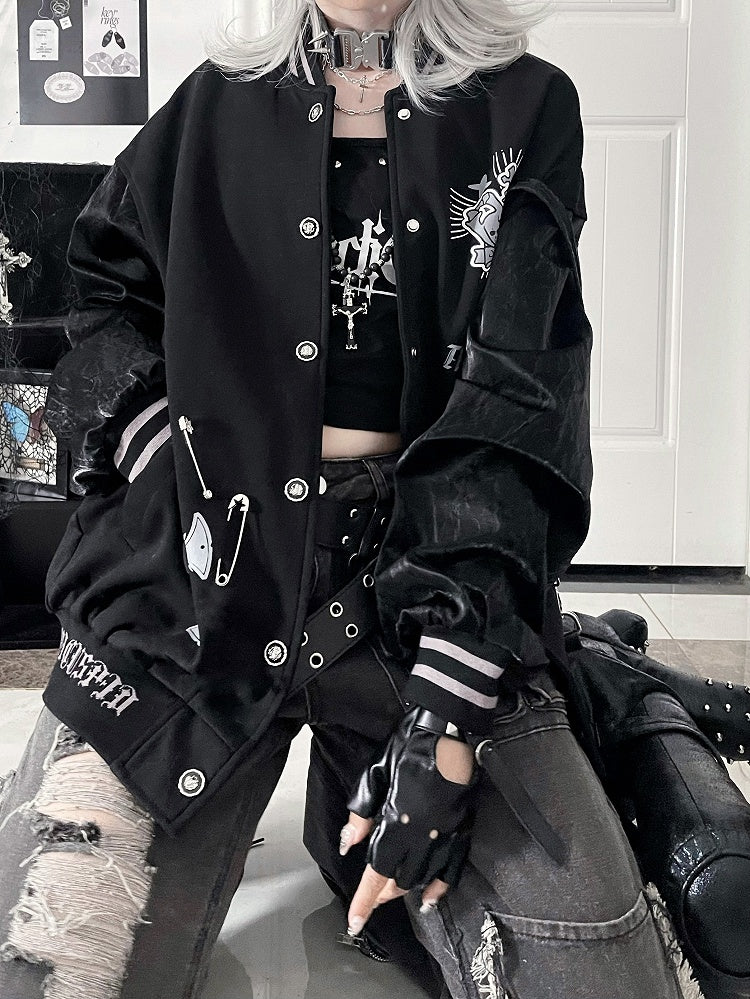 Vintage CuffCrown+Wing Black Gray Baseball Jacketwith Striped Print Gothic