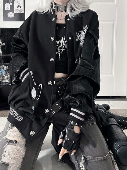 Vintage CuffCrown+Wing Black Gray Baseball Jacketwith Striped Print Gothic