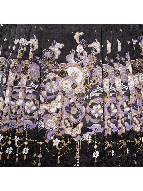 Black & Purple Jacquard Mamian Skirt with Butterfly & Floral Motif - Hua Xian Ji Hanfu