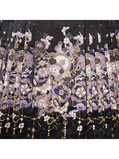 Black & Purple Jacquard Mamian Skirt with Butterfly & Floral Motif - Hua Xian Ji Hanfu
