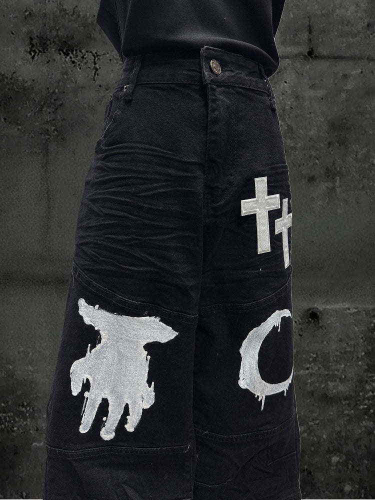 Moon with Pattern Black Cross Wide-leg Hand Jeans Patch Y2K