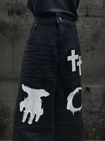 Moon with Pattern Black Cross Wide-leg Hand Jeans Patch Y2K