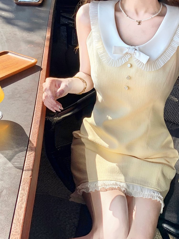 Milk Yellow Dress Bow Ruffle Hem Decoration - Qchiwawameme
