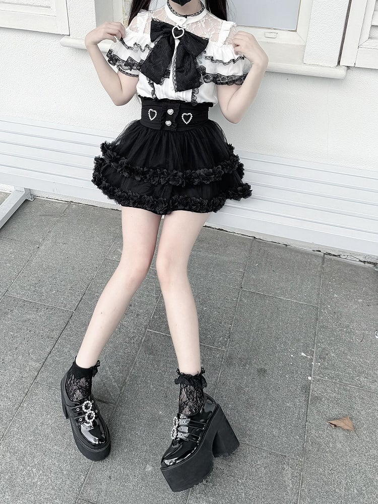 Sleeves Blouse Illusion Neckline White Short Contrast Black Lace with Jirai Kei Trim