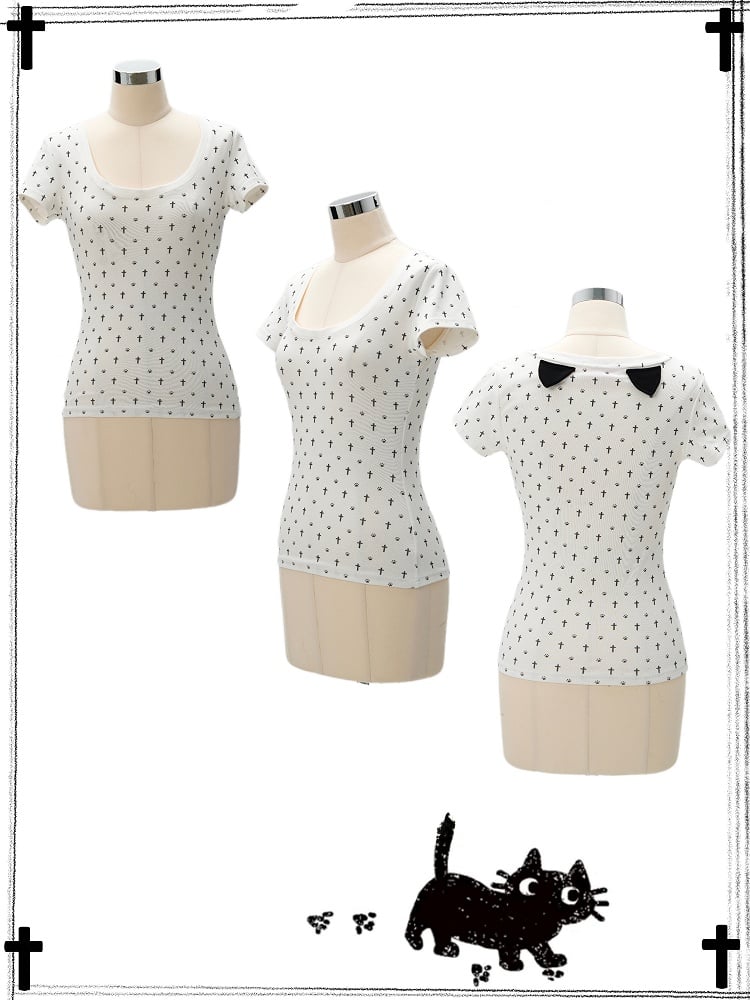 猫の足跡プリント、猫耳ゴシック、背中に白い十字架のディテールTシャツ、オールオーバーパステル