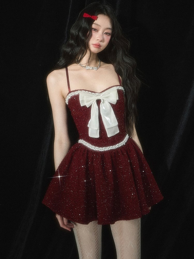Christmas Red Bow and Bead Details Tweed Slip Dress