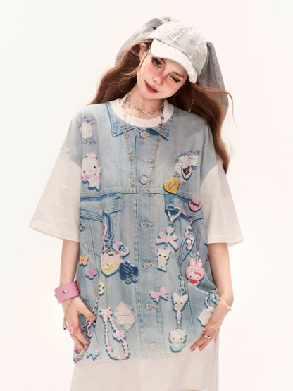 Summer Loose Design T-Shirt Blue Colorblock Denim Top Print