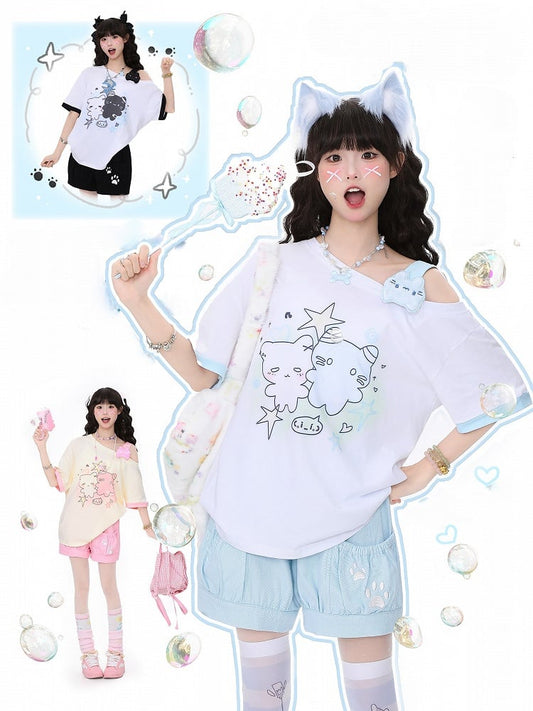 Playful Kitten One-Shoulder Tee Blue/Apricot/WhiteBlack