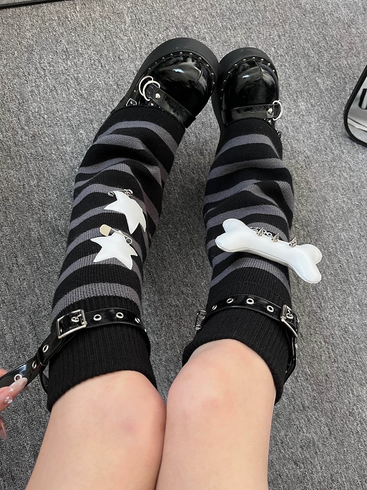 Punk Leg Striped Warmers Grey Black Knit
