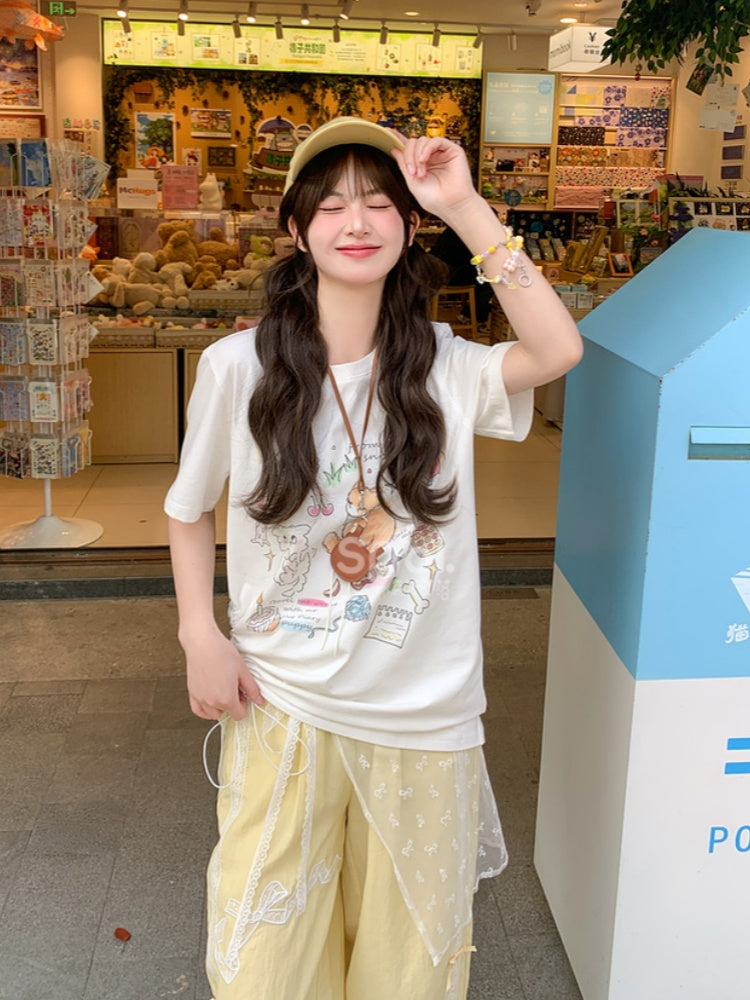 バージョンTシャツ ベージュ 愛らしいキツネプリント ロング/ショート