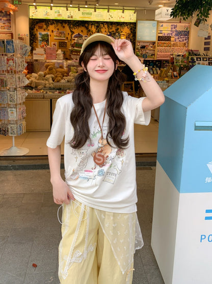 バージョンTシャツ ベージュ 愛らしいキツネプリント ロング/ショート