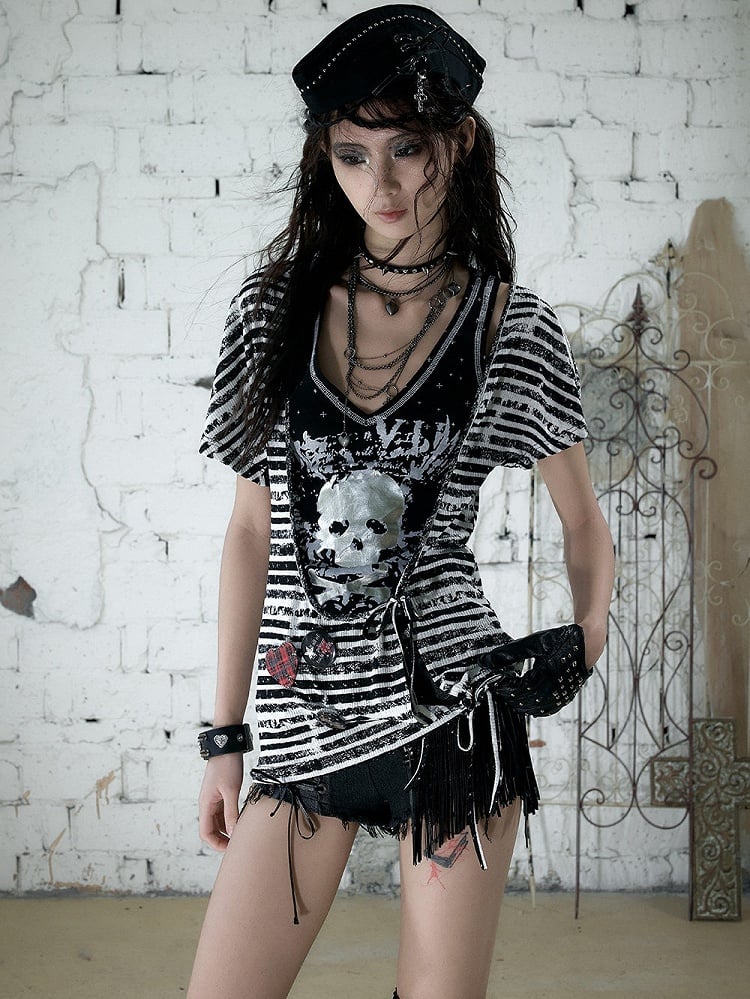 Black White Street Punk Two-Piece Set with Asymmetric Top and Skull Tank - NO ROMANCE