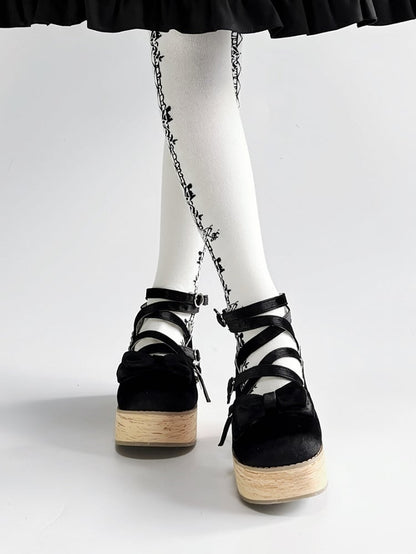 Design Sweet Crisscross Platform Embellishments Shoes in Black Bow Lolita Velvet