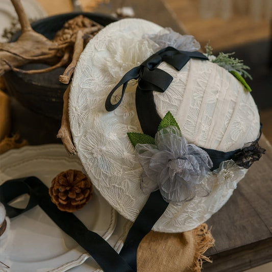 Beige Floral Elegant Lolita Hat - Button Bear