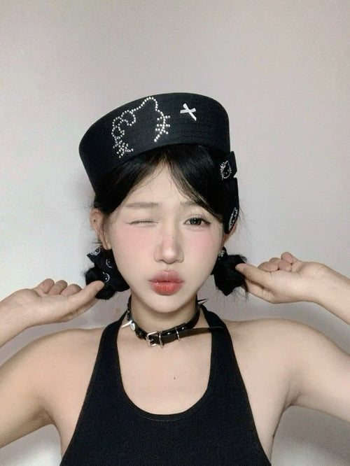 2-Color Sailor Hat with Cat Rhinestone Decoration - IVONA boutique
