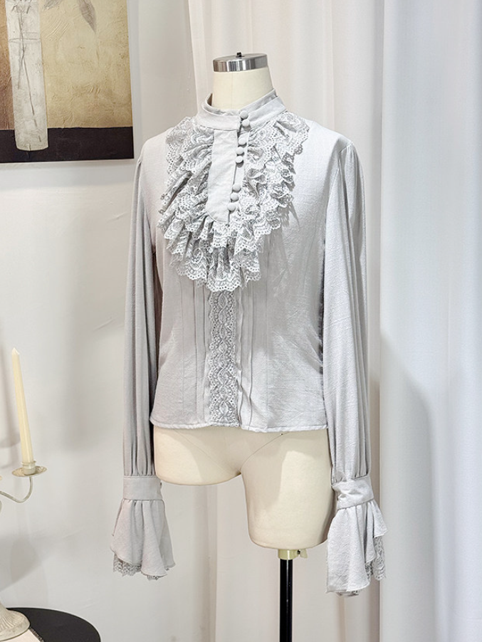 Gray Lace Ruffle Jabot Stand Collar Long Sleeve Blouse - Castle Too