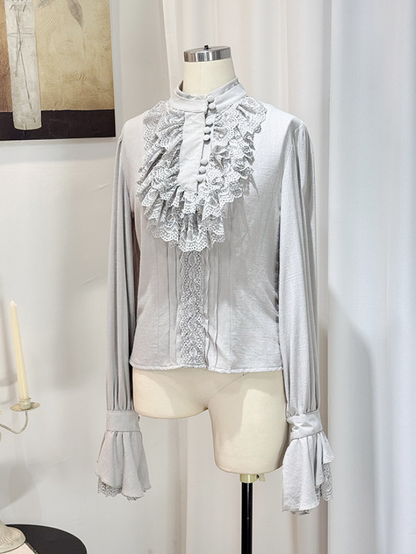 Gray Lace Ruffle Jabot Stand Collar Long Sleeve Blouse - Castle Too