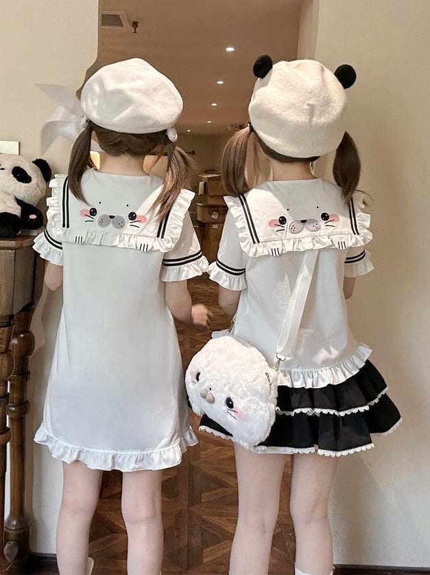 Cute Seal White Sailor Collar Short Sleeve T-Shirt with Bow and Ruffle - To Alice