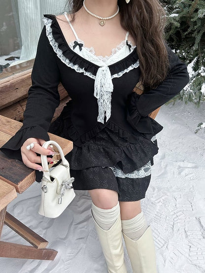 Plus Size Schwarzes Fake-Zweiteiler-Oberteil mit Rüschenbesatz und V-Ausschnitt und langen Ärmeln