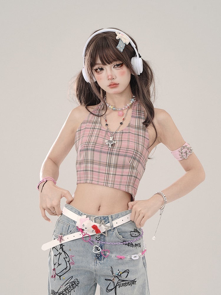 Halter Pink Plaid Delicate Top Crop Tank