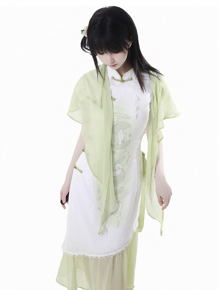 Banded Dress Qipao Collar Apple Print Cheongsam Style Buttons Green Knot