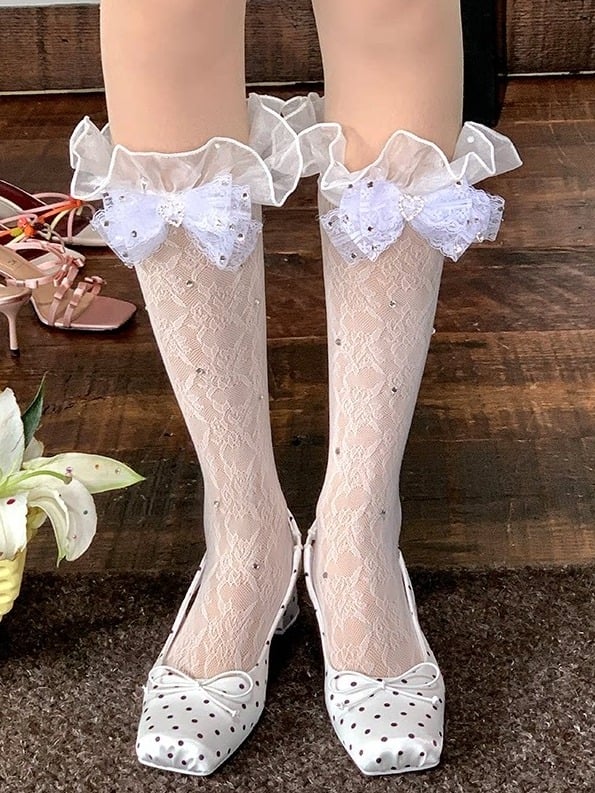 Sheer Lace Patterned Calf Socks with Rhinestone in White or Black - cnorahk