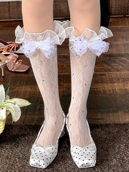 Sheer Lace Patterned Calf Socks with Rhinestone in White or Black - cnorahk