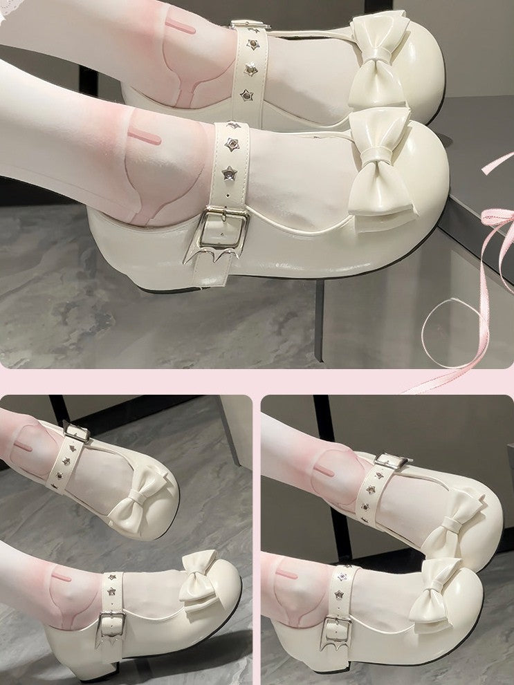 Bow Accents Sweet Low Creamy in Detail White PU Elegant Round Front Star Toe Heels Lolita