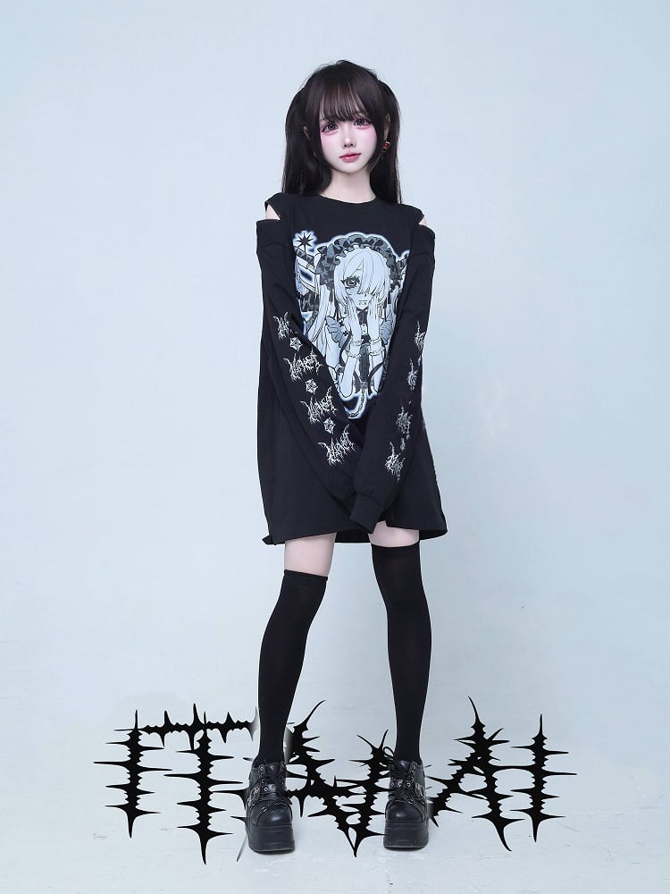 T-Shirt Jirai Kei Zipper Cartoon Shoulder Cutout Design Gray Print Long-Sleeve with Girl Black