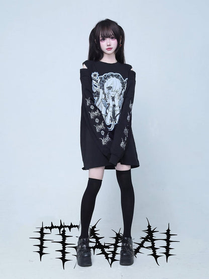 T-Shirt Jirai Kei Zipper Cartoon Shoulder Cutout Design Gray Print Long-Sleeve with Girl Black