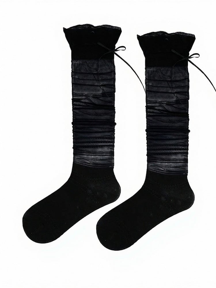 Sheer Bow Calf Socks with Stripe Pattern - ModaSwings