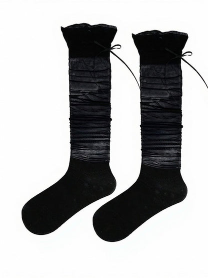Sheer Bow Calf Socks with Stripe Pattern - ModaSwings