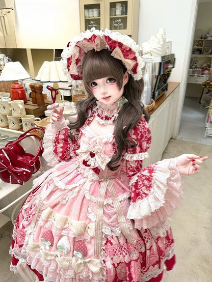 Red & Pink Strawberry Cake Print Bell Sleeve Lolita Dress - Ball Lolita