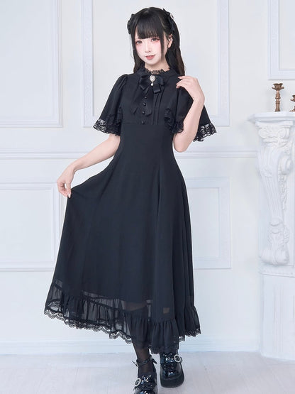 Lace Trim Long Dress with Free Bowknot Brooch Jirai Kei All Black