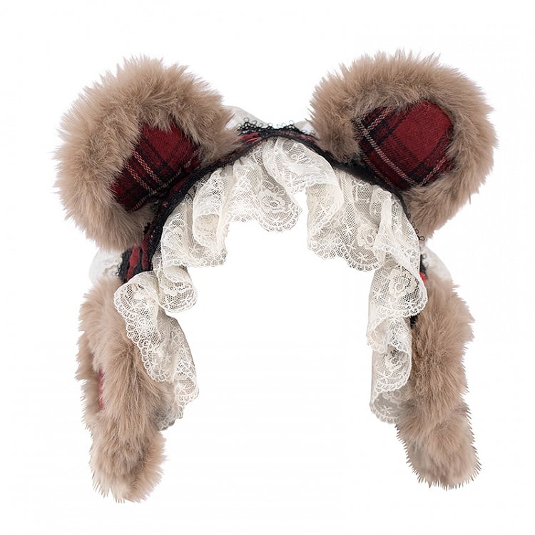 Brown Faux Fur Bear Ear Lolita Hairband with Red Plaid Inner and White Lace Trim