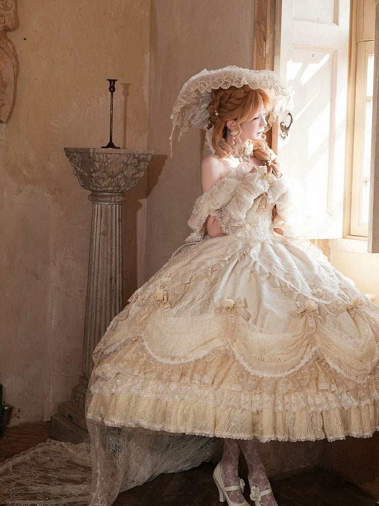 Hime Off-Shoulder Layered Hanayome Ruffles with Gown Lace Details Champagne and Bow Lolita Version Short