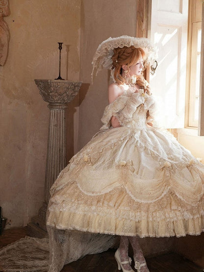Hime Off-Shoulder Layered Hanayome Ruffles with Gown Lace Details Champagne and Bow Lolita Version Short