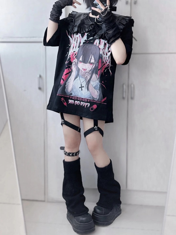Jirai Kei Schwarzes Anime-Mädchen Yami Kawaii T-Shirt mit falschem Kragen-Set