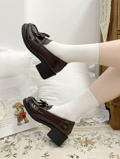 Style JK 3cm/4.5cm Slip-On with Detachable Preppy Shoes Heel Decor Brown Bow Design