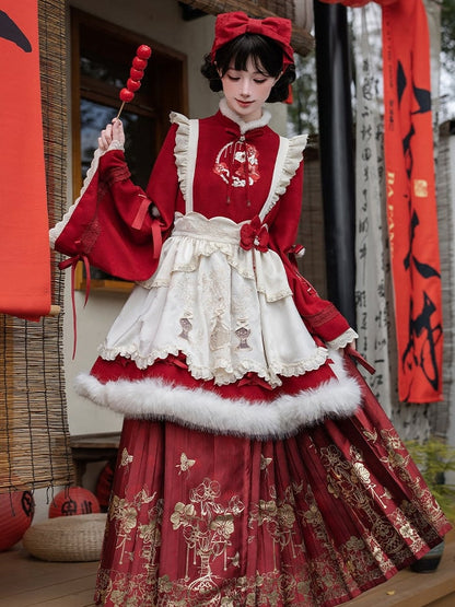 Horse-face Pins + Red Leg Bow Embroidery Warmers Apron OP Han KC Skirt Floral Brooch Lolita