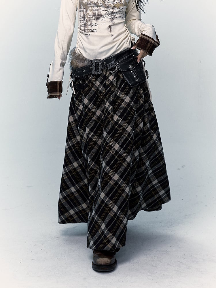 Black and Brown Plaid Ankle Length Skirt