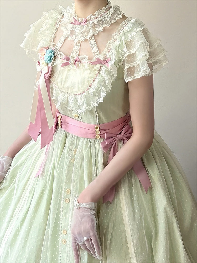 Bow Elegant Lolita Light Green Details Lace with Long and Classic Dress Version