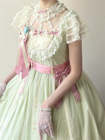 Bow Elegant Lolita Light Green Details Lace with Long and Classic Dress Version